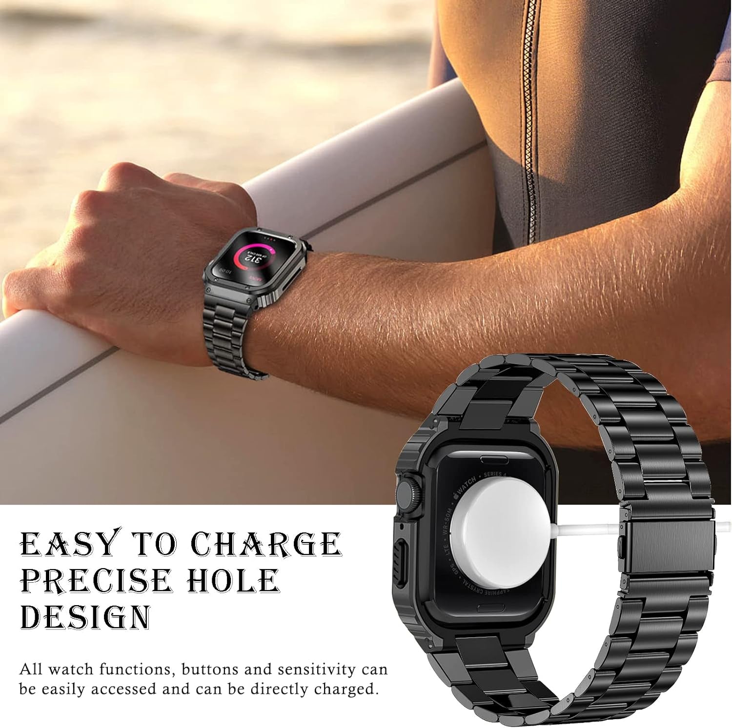 Stainless Steel Band and Case Compatible with Apple Watch Band 45Mm, Men Metal Protective Bumper Cover for Iwatch Series 9/8/7, Black