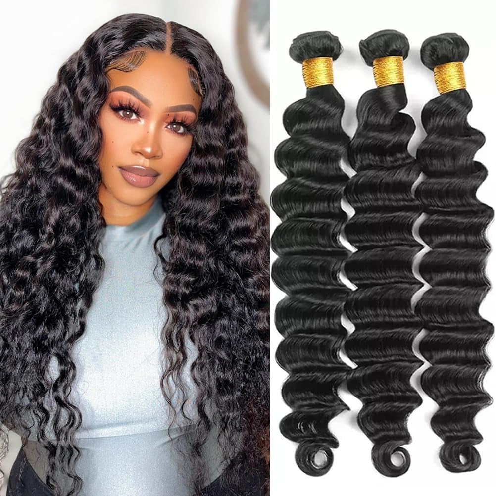 12A Loose Deep Wave Bundles Human Hair 3 Bundles Brazilian Virgin Hair Loose Deep Human Hair Bundles 100% Unprocessed Human Hair Wavy Bundles Natural Black Color for Women(16 18 20 Inches)