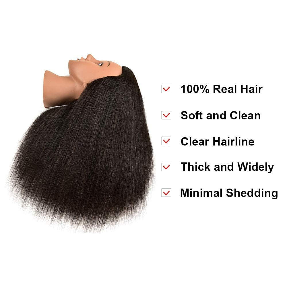 Mannequin Head with 100% Real Hair, 16" Hairdresser Cosmetology Mannequin Manikin Training Practice Doll Head for Hairstyling and Free Clamp Holder- Black