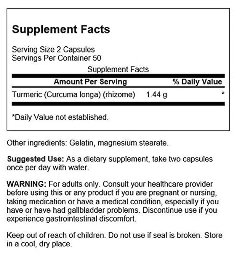Turmeric Curcumin Antioxidant Joint Health Cardiovascular Liver Detox Mood and Memory Support Supplement Curcuma Longa (Rhizome) 1.44 Grams (1440 Mg) 100 Capsules (Pack of 2) TLBH