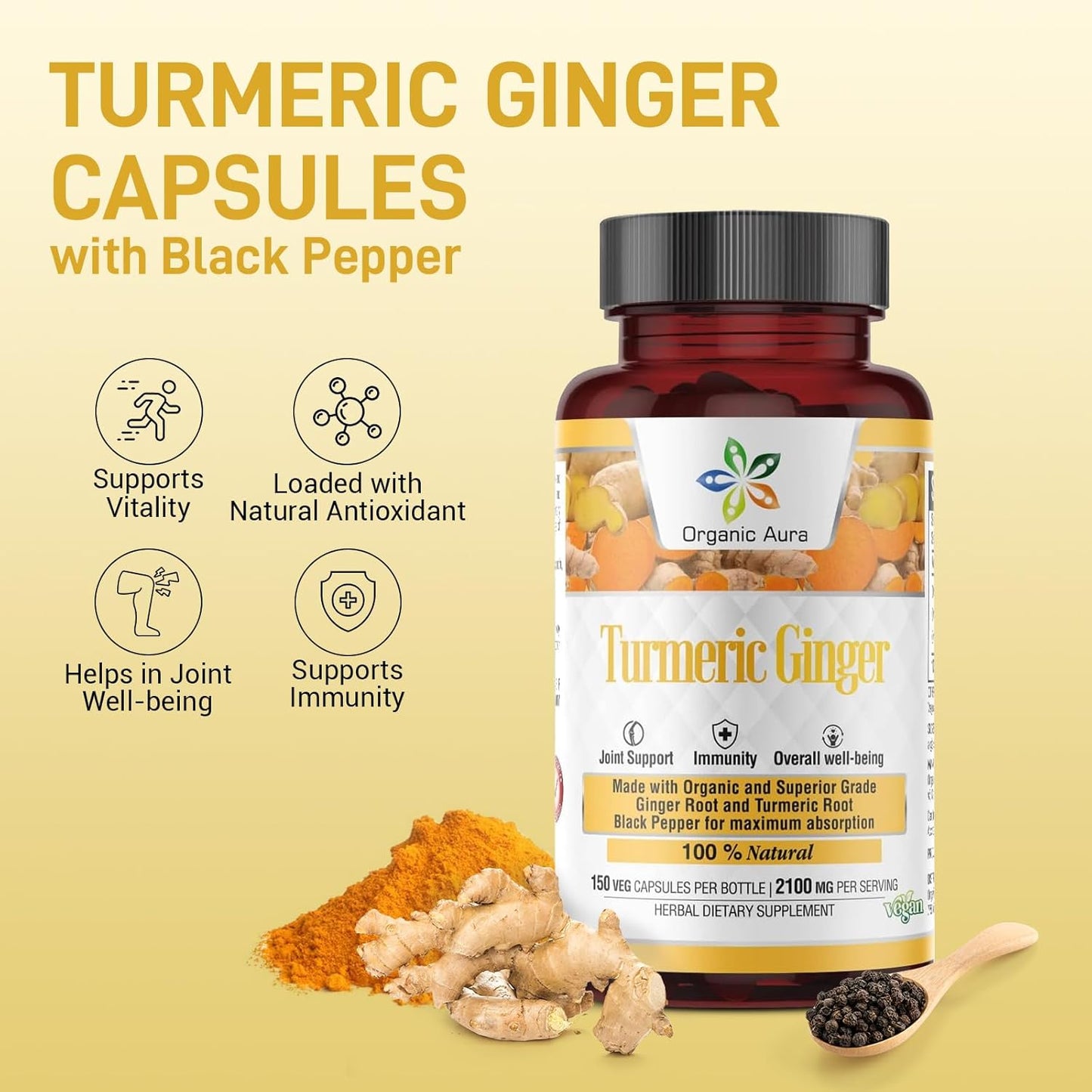 Turmeric Curcumin and Ginger Capsules -150 Veg Max Strength Pure High-Potency Curcumin and Zingiber Officinale. Supports Joints, Mobility, and Flexibility. TLBH