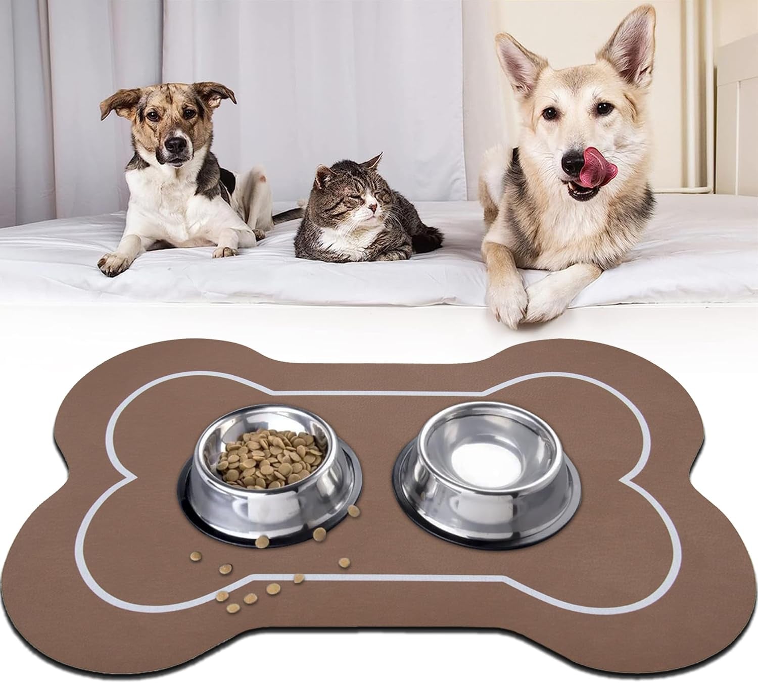 Dog Bowl Mat and Dog Feeding Mat, Dog Mat for Water Bowl, Absorbent Non-Slip Pet Water Bowl Mat Quick Drying Dog Food Mat Cat Matt for Food and Water(Brown+24.2X16.9In+Rectangular)