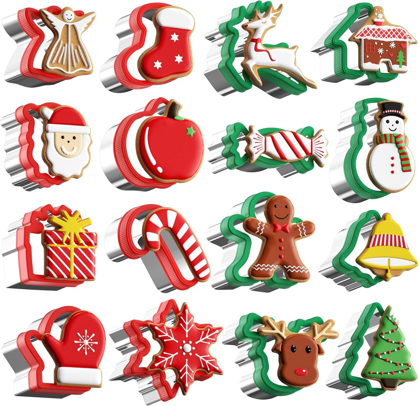 Christmas Cookie Cutters Set 16 Pieces, Holiday Cookie Cutters with Comfort Grip, Stainless Steel Baking Cutters Christmas Shapes for Xmas, Gingerbread Man, Snowflakes, Christmas Tree, Santa, Etc