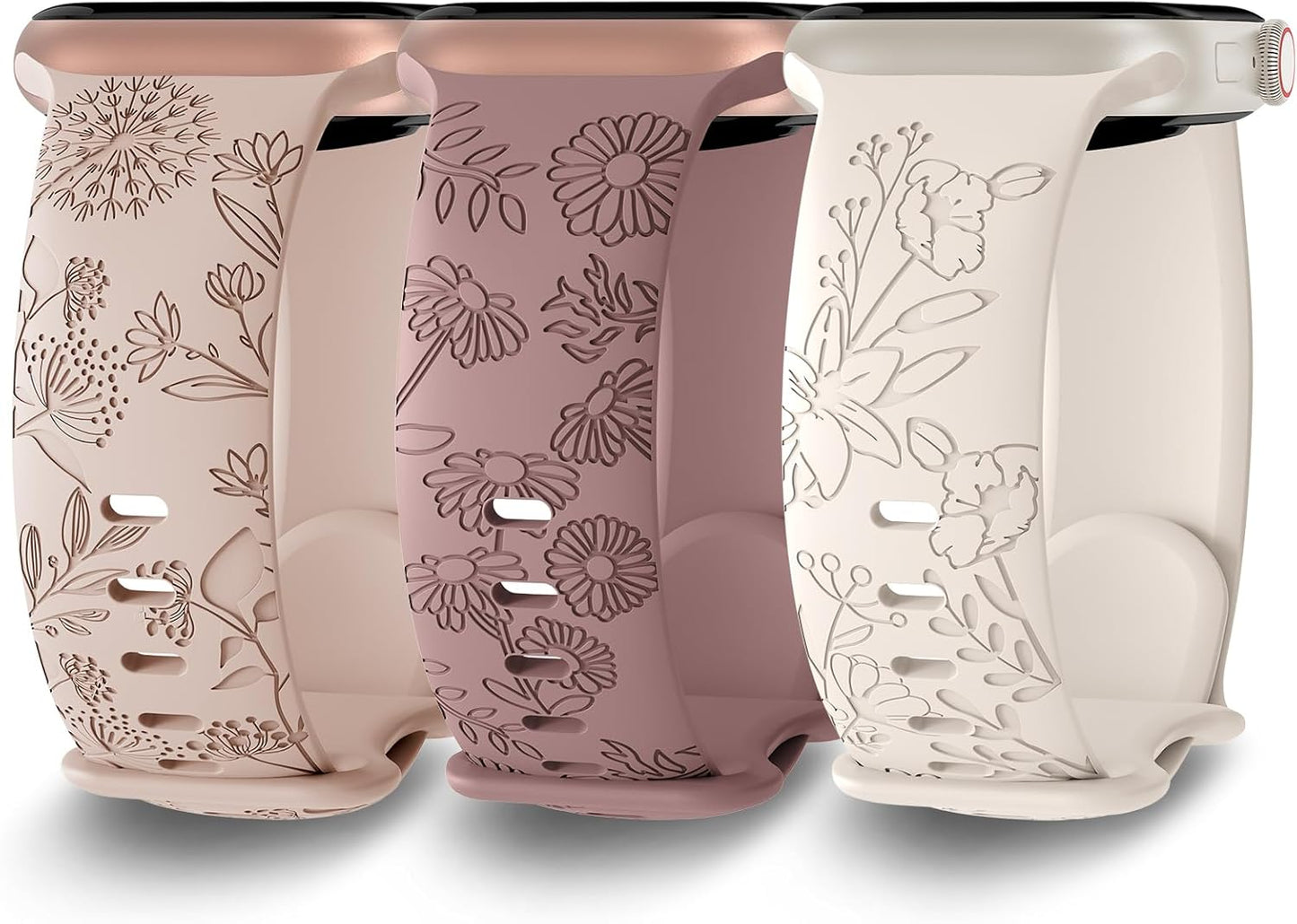 3 Pack Floral Wildflowers Engraved Pattern Silicone Bands Compatible with 38Mm 40Mm 41Mm 42Mm 44Mm 45Mm 49Mm, Replacement Sport Strap for Iwatch Series Ultra 8/7/6/5/4/3/2/1 SE Women Girls