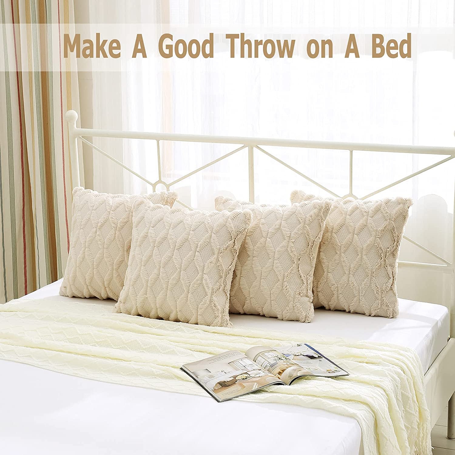 Pack of 2 Faux Wool Throw Pillow Covers 20X20 Inches Decorative Farmhouse Velvet Couch Pillow Case Soft Plush Square Boho Cushion Pillowcase, Embroidery, Geometric, Home, Beige