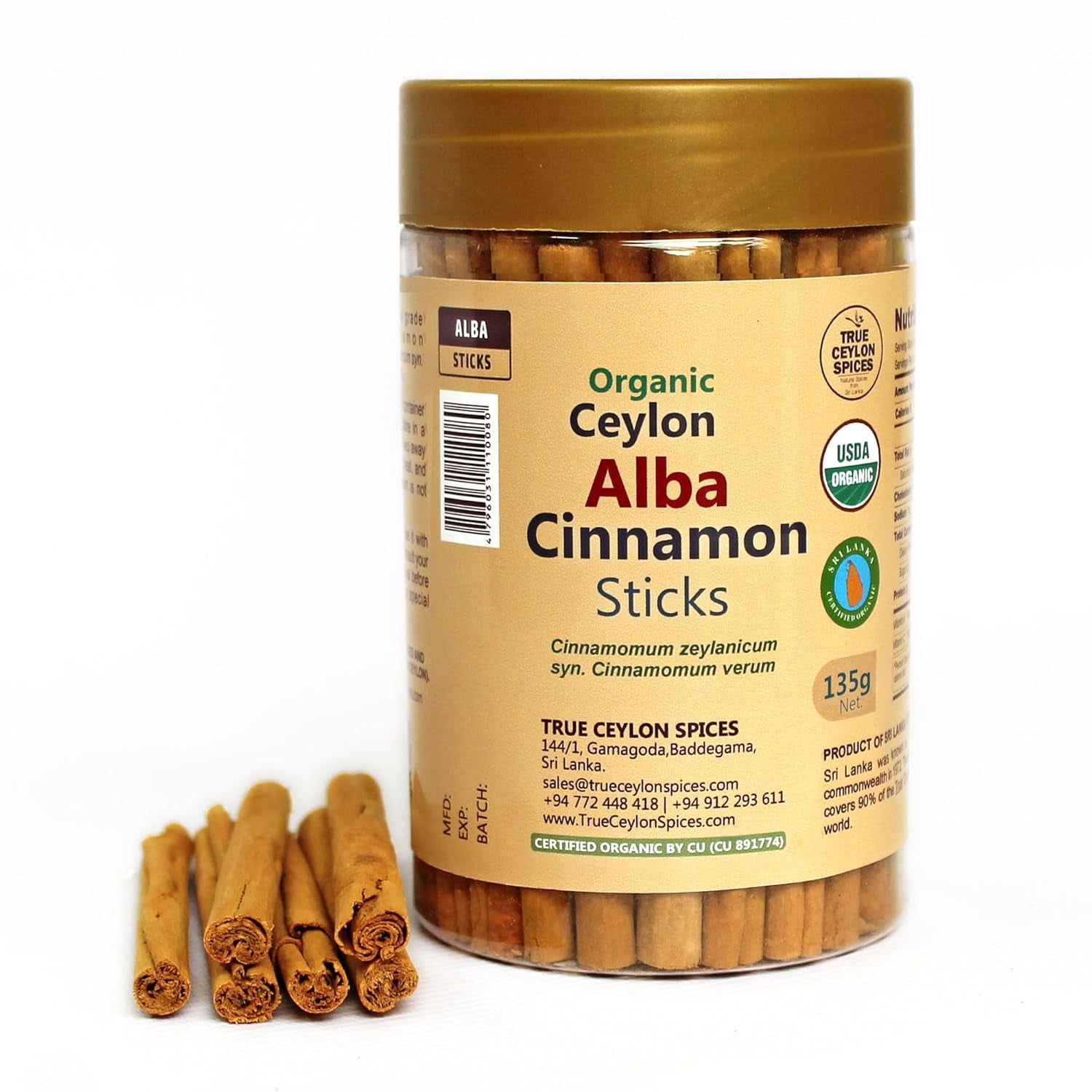 True Ceylon Alba Cinnamon Sticks, Organic Inner Bark Only, Fresh Crop by a Sri Lankan Farmer, 135G (40-50 Nrs. of 4” Long Sticks), Cinnamomum Zeylanicum (Verum), Light Brown TLBH
