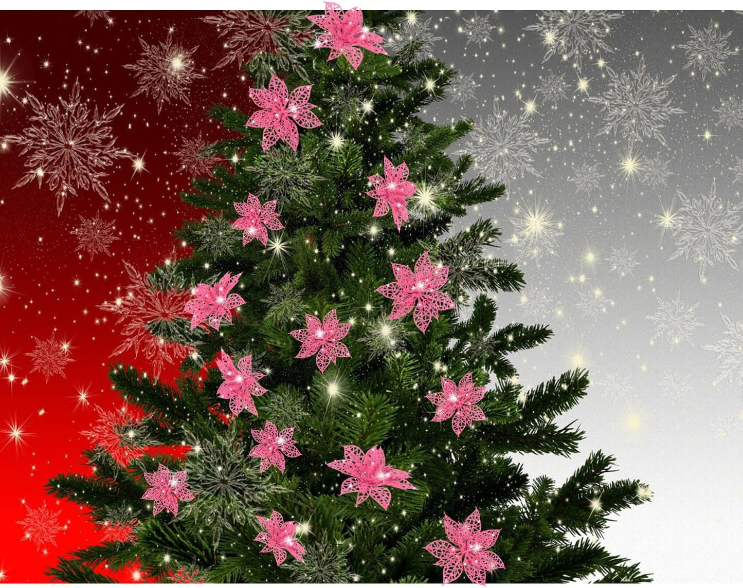 24 Pieces Christmas Poinsettia Tree Ornament Flowers Christmas Decor Glitter Ornament, 3/4/6 Inches(Pink)