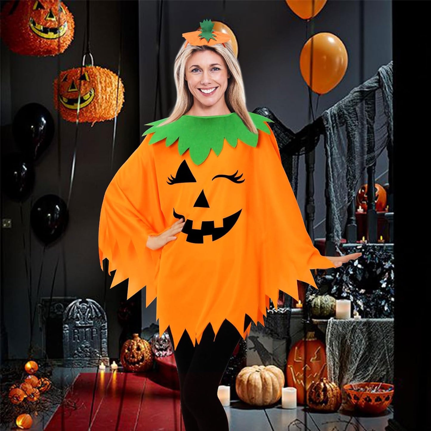 3PCS Halloween Pumpkin Costume for Women,Pumpkin Poncho for Adults with Headband & Bag,Halloween Costume for Women