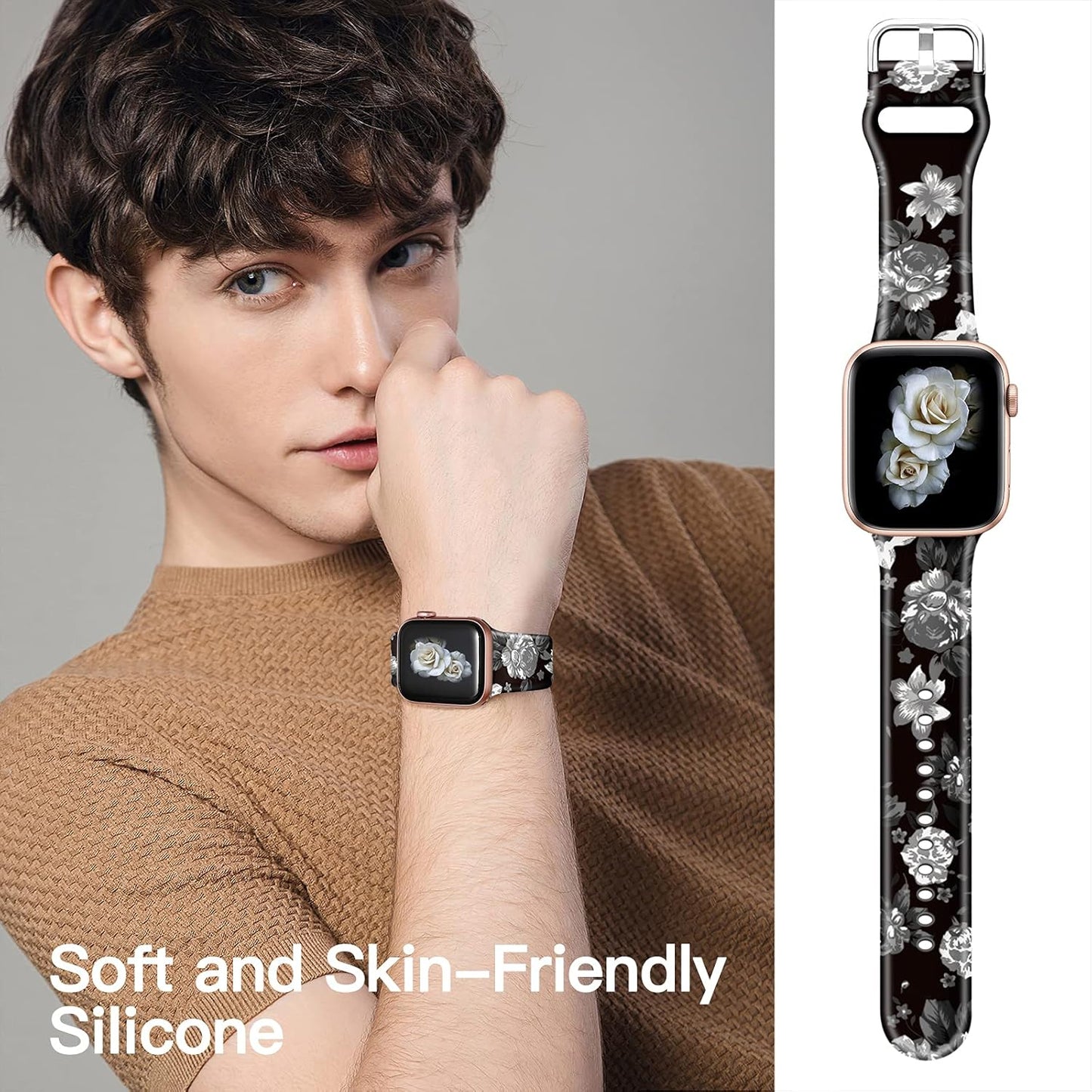 Bands Compatible with Apple Watch Band 38Mm 40Mm 41Mm 42Mm 44Mm 45Mm for Women Men Silicone Floral Pattern Printed Band Strap for Iwatch Band SE Series 7 6 5 4 3 2 1 Wristband