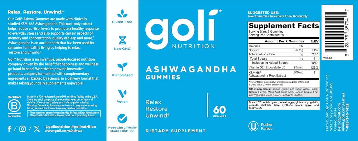 Ashwagandha & Vitamin D Gummy - 60 Count - Mixed Berry, KSM-66, Vegan, Plant Based, Non-Gmo, Gluten-Free & Gelatin Free Relax. Restore. Unwind, Pack of 1 TLBH