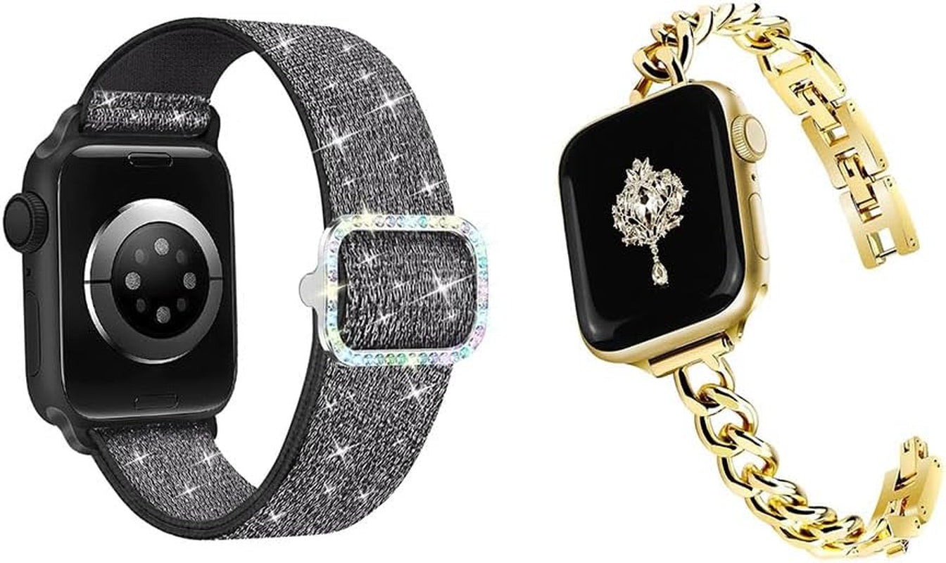 Bling Stretchy Nylon Band Gold Band Women Feminine Elegant Compatible with Apple Watch 42Mm 44Mm 45Mm 46Mm 49Mm Adjustable Metal Strap Dressy Chain Bracelet for Iwatch Series 10/9/8/7/6/5/4/