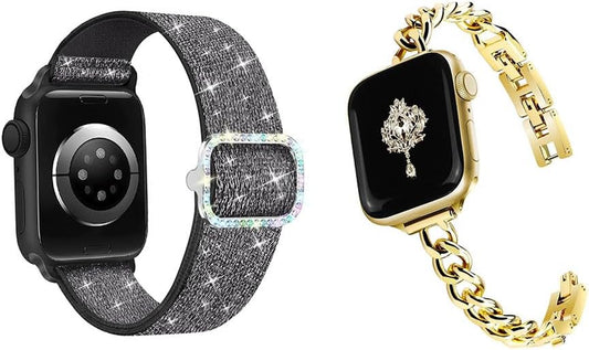 Bling Stretchy Nylon Band Gold Band Women Feminine Elegant Compatible with Apple Watch 42Mm 44Mm 45Mm 46Mm 49Mm Adjustable Metal Strap Dressy Chain Bracelet for Iwatch Series 10/9/8/7/6/5/4/