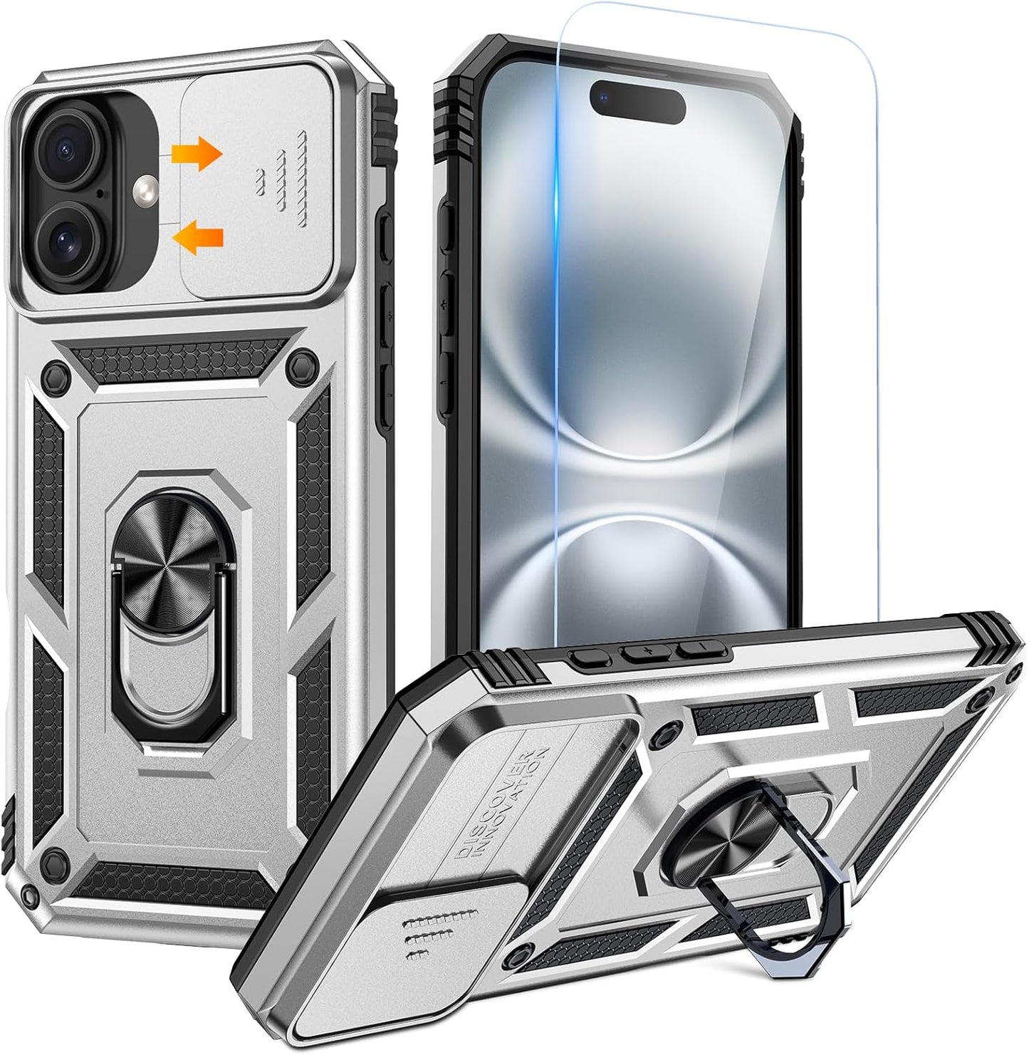 Compatible for Iphone 16 Case with Screen Protector - Slide Camera Cover Protective Phone Case with Ring Stand, Heavy Duty Shockproof Rugged Bumper for Iphone 16 Accessories Blue