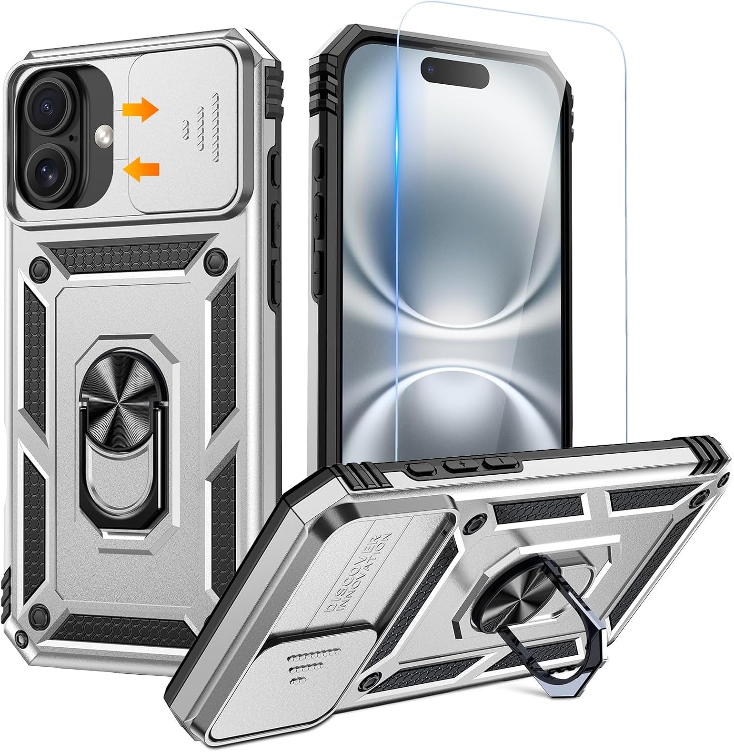 Compatible for Iphone 16 Case with Screen Protector - Slide Camera Cover Protective Phone Case with Ring Stand, Heavy Duty Shockproof Rugged Bumper for Iphone 16 Accessories Blue