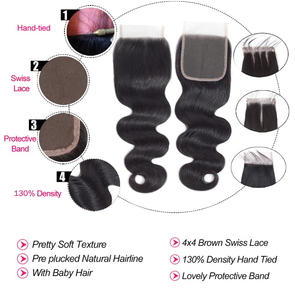 Body Wave Bundles with Closure Human Hair 3 Bundles with Closure(16 18 20+14) Brazilian Body Wave 100% Unprocessed Virgin Human Hair Bundles with 4X4 Lace Closure Free Part Natural Color for Black Wom