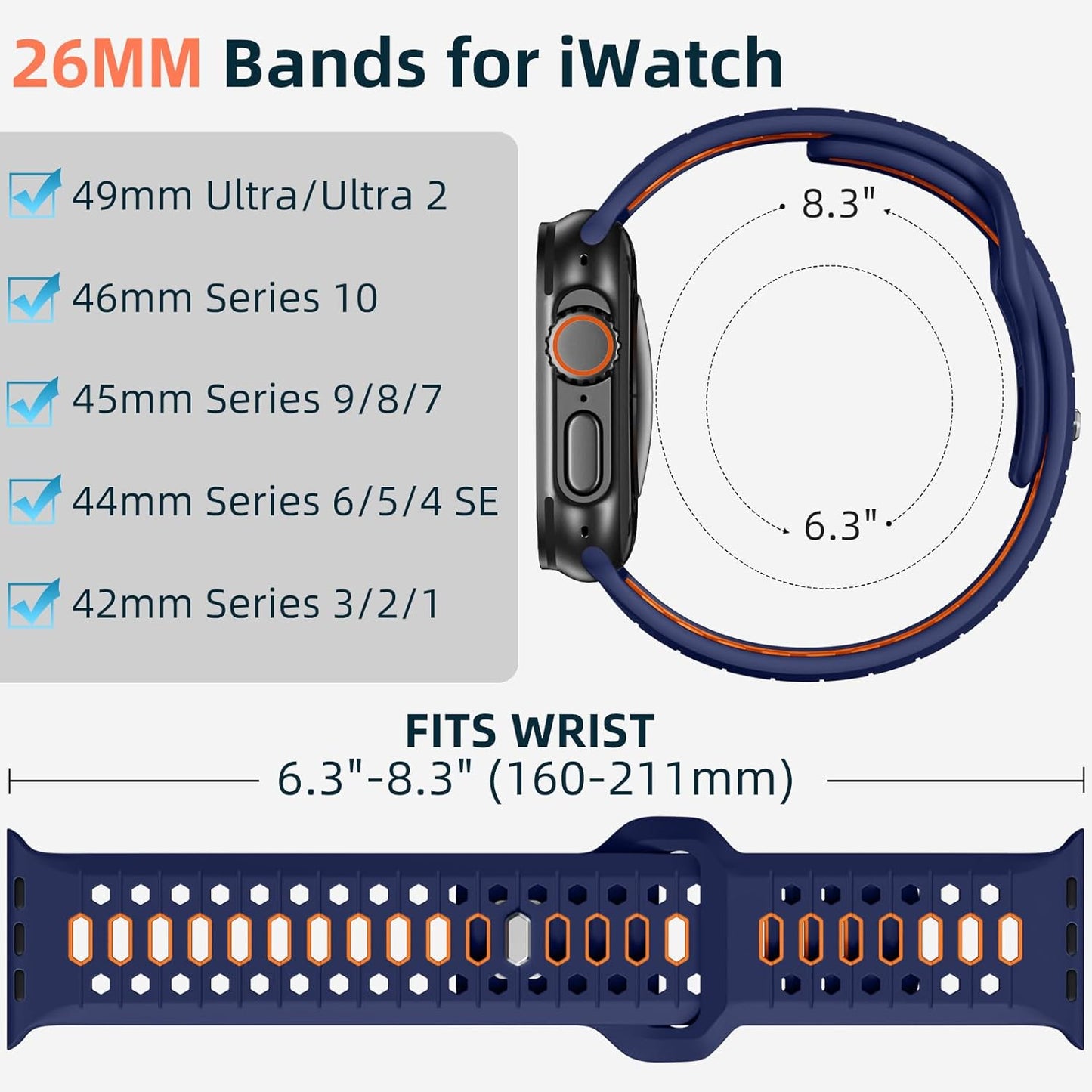 Navy Blue & Orange 26MM Width Breathable Silicone Sport Band Compatible with 49Mm Apple Watch Ultra 2/1, 46Mm Series 10, 45Mm Series 9 8 7, 44Mm Series 6 5 4 SE 2/1, 42Mm Series 3 2 1
