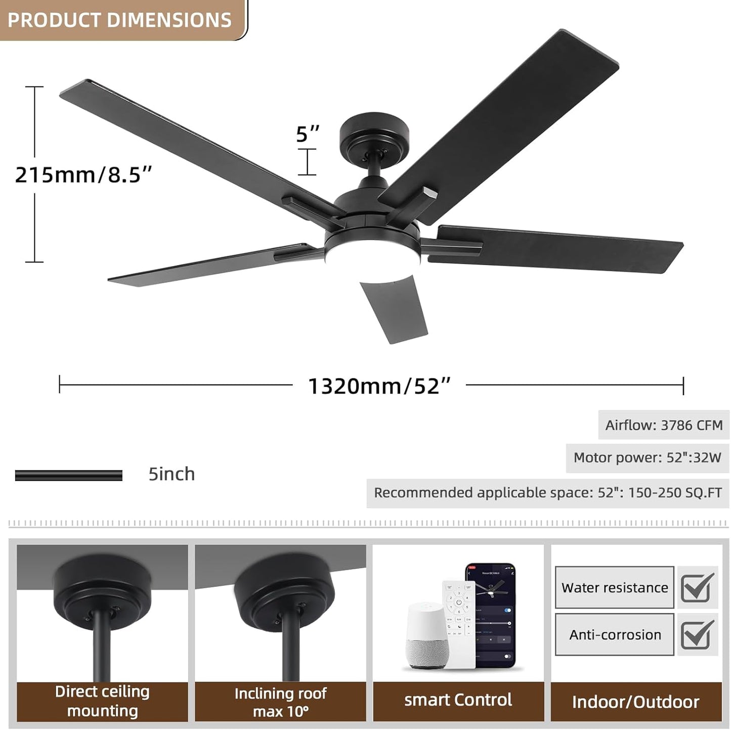 52 Inch Ceiling Fan, Smart Ceiling Fan with Remote/App, Black Ceiling Fan with 6-Speeds Reversible Motor, Alexa Ceiling Fan with 5 Two-Sided Blades Dimmable Noiseless for Indoor Bedroom/Outdoor