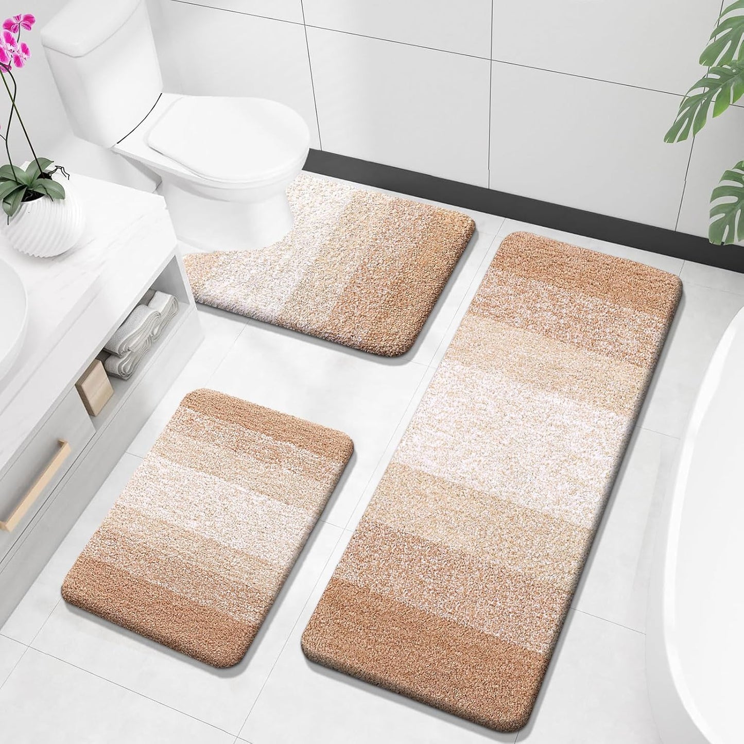 Bathroom Rugs Sets 3 Piece, Soft Absorbent Microfiber Bath Rugs and U-Shaped Contour Toilet Rug Area Rug Set, Non-Slip Bath Carpet, Home Decor Accessories, Bath Mat Set for Bathroom, Black