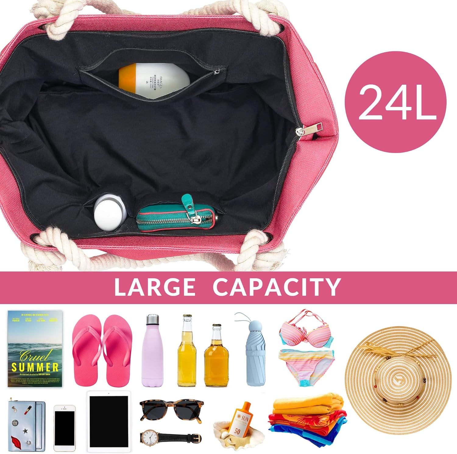 Large Canvas Beach Tote Bag with Zipper Women Swim, Travel, Shopping, Gym and Beach Holiday Cruise Essentials