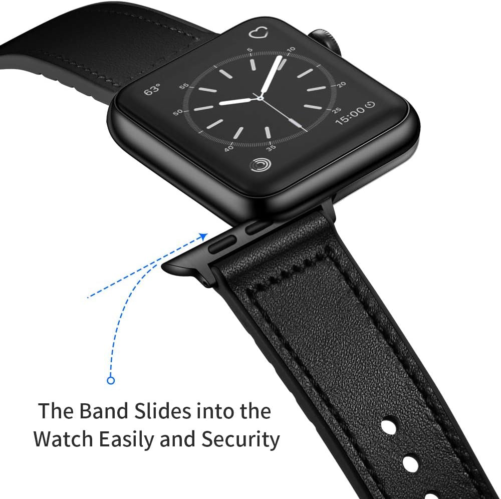 Compatible with Apple Watch Band 41Mm 40Mm 38Mm, Sweatproof Genuine Leather and Rubber Hybrid Band Strap Compatible with Iwatch Series 9 8 7 6 5 4 3 2 1 SE2 SE, Black Band with Black Adapter