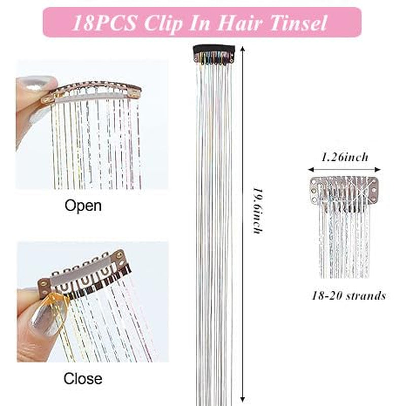 Hair Tinsel Kit Pack of 18 Pcs Hair Tinsel Clip in 19.6Inch Glitter Tinsel Hair Extensions Heat Resistant Clip in Hair Tinsel Sparkle Fairy Hair Accessories for Kids Girls Women (Colorful)