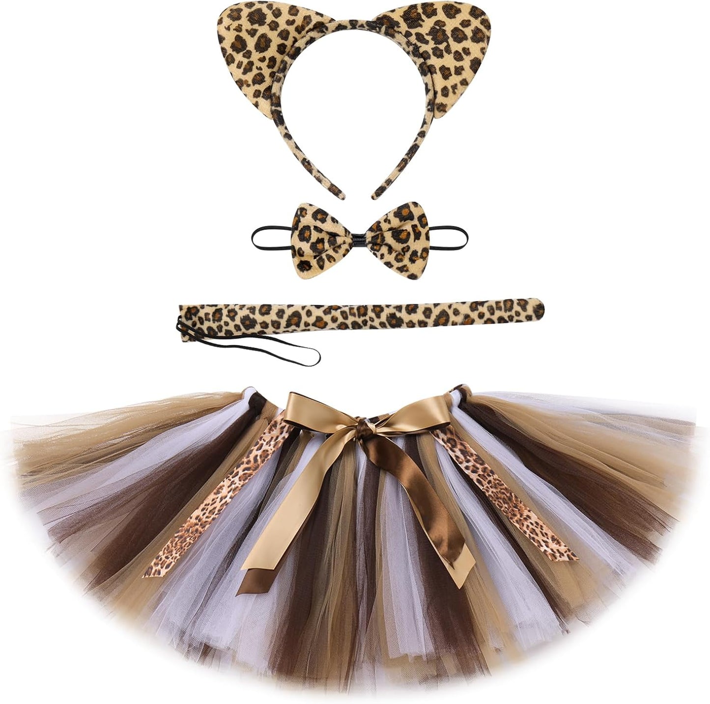 Baby Girls Jungle Animals Costume Tulle Tutu Skirt Ears Headband Bow Tie and Tail Set for Halloween Cosplay Dress Up