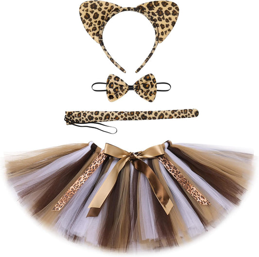 Baby Girls Jungle Animals Costume Tulle Tutu Skirt Ears Headband Bow Tie and Tail Set for Halloween Cosplay Dress Up