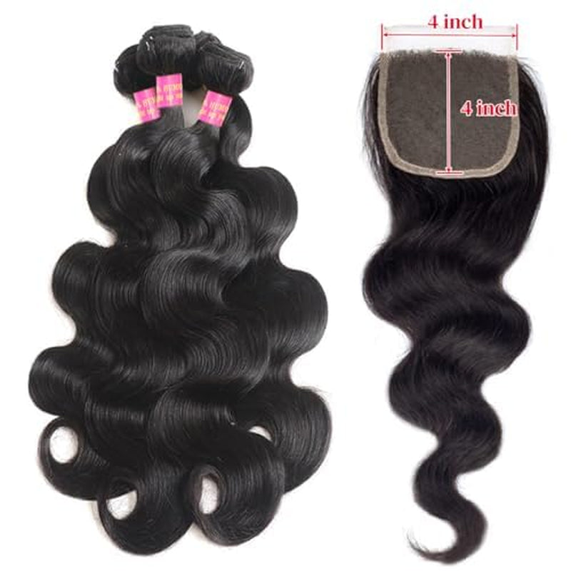 12A Human Hair Bundles 4 Bundles with Closure Body Wave Bundles Human Hair 100% Unprocessed Brazilian Virgin Hair Bundles Human Hair Extensions Quick Weave Bundles Human Hair Black 18 20 22 24+16