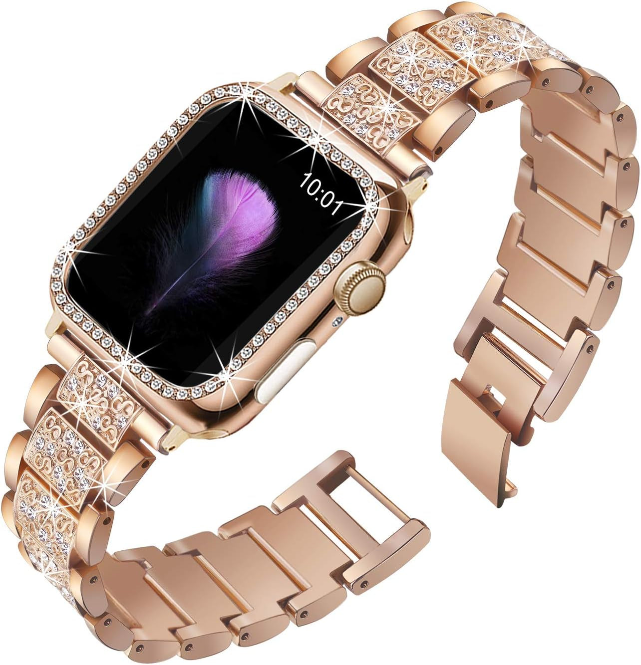 Compatible for Apple Watch Band with Screen Protector Case, Jewelry Replacement Band 45Mm 44Mm 42Mm 41Mm 40 Mm 38Mm 2 Pack Bling Protective Cover for Iwatch Series 9/8/7/6/5/4/3/2/1/SE Women