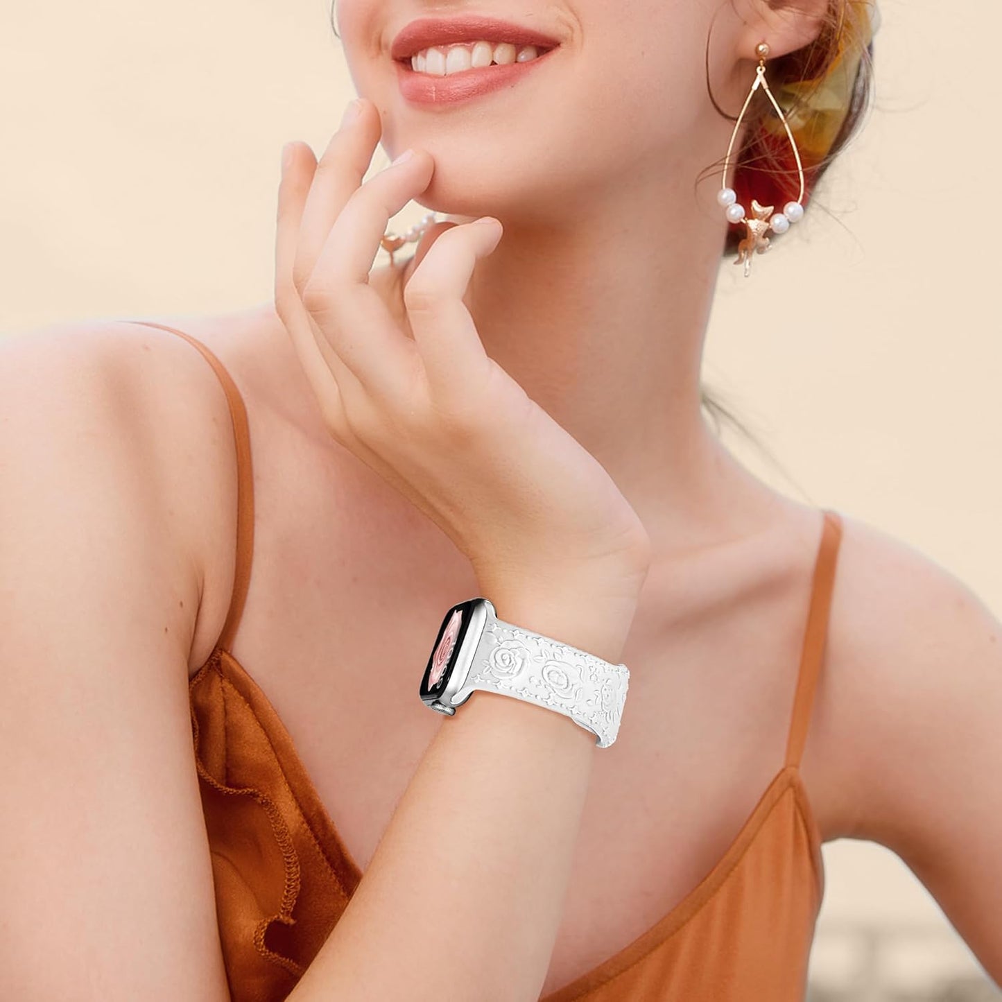 Floral Engraved Band for Apple Watch Bands for Women 46Mm 45Mm 44Mm 49Mm 42Mm(Series 3/2/1), Designer Dressy Iwatch Bands, Silicone Sport Bracelet for Apple Watch Series 10 Band 9 SE 8 7 6 5 4 3 Ultra 2 1-White