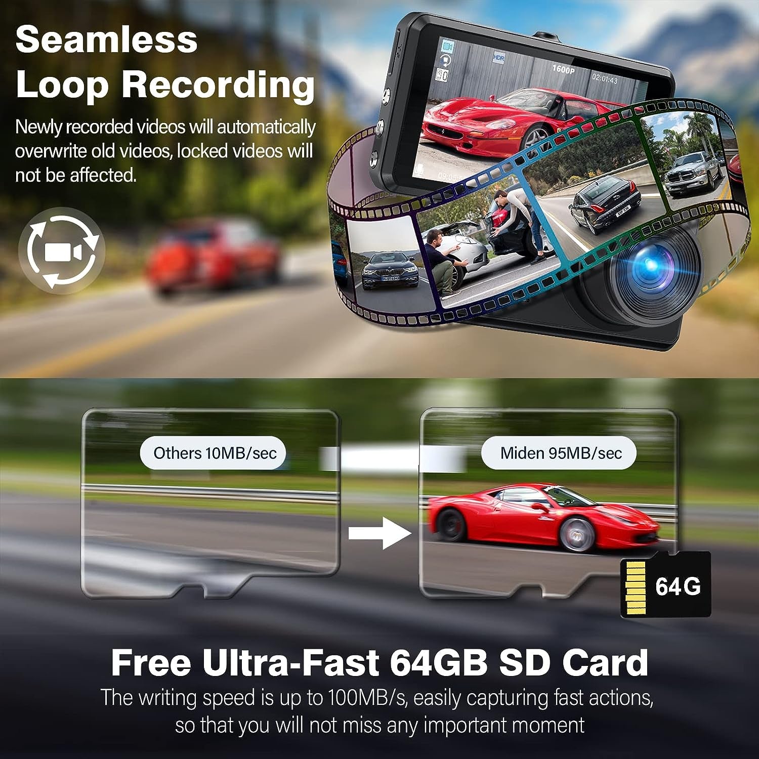 S7 2.5K Dash Cam Front and Rear,64G SD Card,1600P+1080P FHD Dual Dash Camera for Cars,176°+160° Wide Angle,3.2'' IPS Screen Dashcam,G-Sensor,Loop Recording,Wdr,Night Vision,24H Parking Monitor