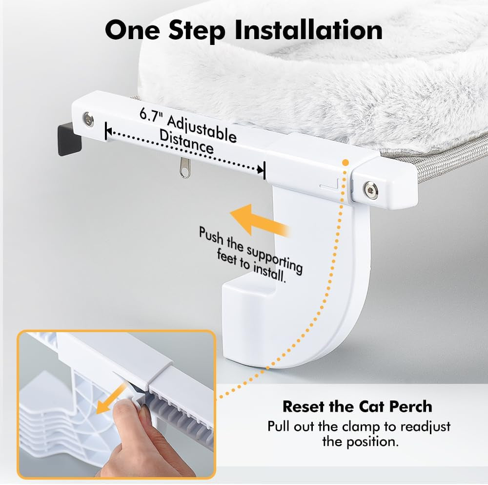 Window Sill Mount Cat Perch for Indoor Cats, One-Step Sliding Clamping Slot Adjustment Cat Hammock with Removable Two Fabrics Cover, No Suction Cups Cat Beds for Windowsill & Bedside(L-Pad Bed)