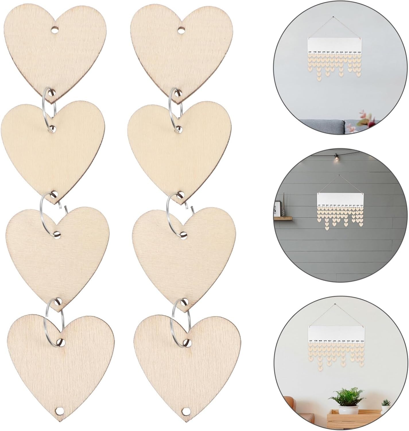Family Birthday Wooden Reminder Calendar Board Wall Hanging Plaque Board Wood Heart Tags with 50 PCS Iron Loops for Wedding Birthday Christmas Home Wall Decor