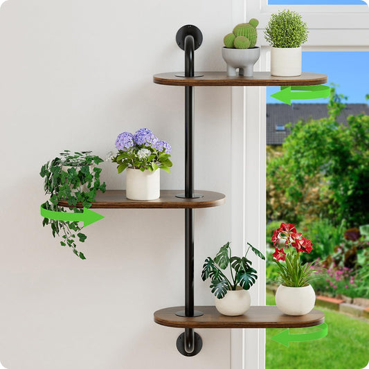 Rotating Window Plant Shelves 3-Tier, Wooden Window Shelf for Plants, Window Sill Plant Shelf Space-Saving for Multiple Plants, Corner Hanging Plant Wall Shelf, Indoor Plant Stand Home Decor