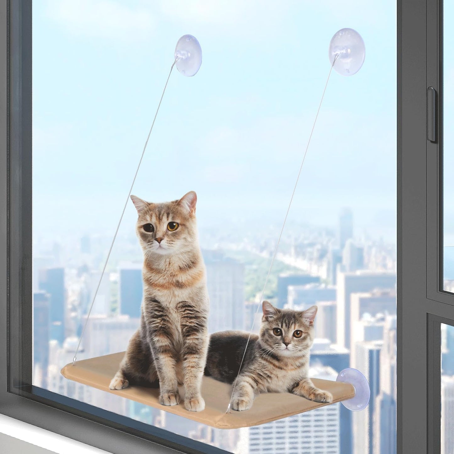 Cat Perch for Window Sill with Bolster-Cat Hammock Window Seat,Easy to Adjust Cat Bed for Windowsill, Bedside, Drawer and Cabinet(Khaki)