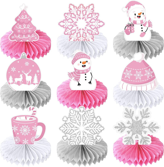 9 Pcs Winter Table Honeycomb Centerpieces Snowflake Honeycomb Party Decorations Winter Party Centerpieces for Winter Theme Christmas Birthday Baby Shower Party Supplies (Pink)