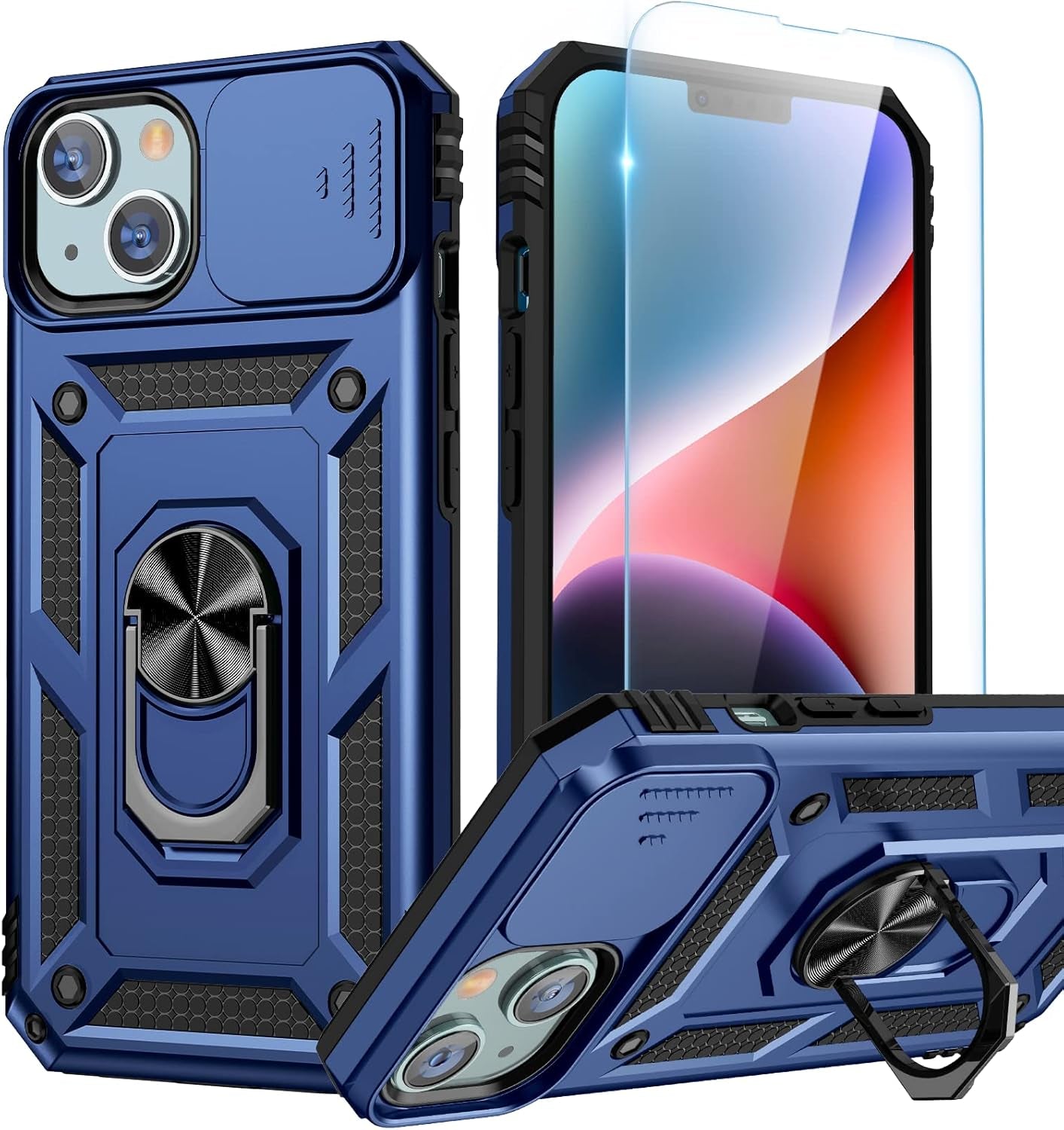 Compatible for Iphone 16 Case with Screen Protector - Slide Camera Cover Protective Phone Case with Ring Stand, Heavy Duty Shockproof Rugged Bumper for Iphone 16 Accessories Blue