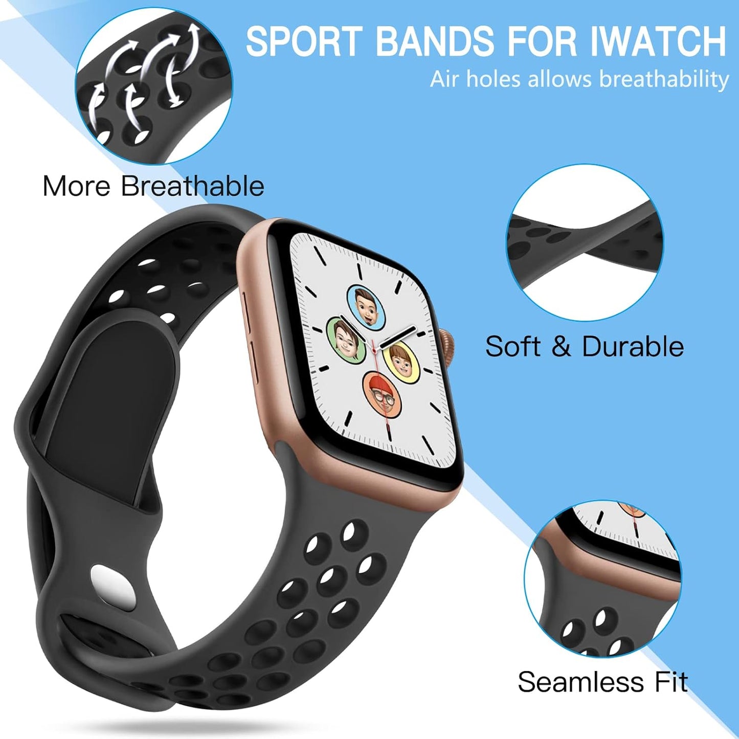 Compatible with Apple Watch Bands 41Mm 40Mm 38Mm for Women Men, Breathable Air Holes Silicone Replacement Sport Band for Iwatch SE Series 9 8 7 6 5 4 3 2 1, Black/Anthracite/Black/Pinegreen,S/M