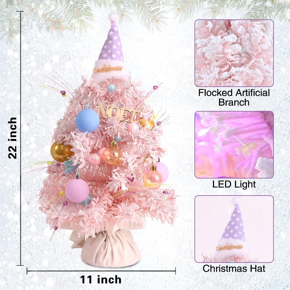 Mini Christmas Tree, 22 Inch Artificial Flocked Tabletop Xmas Trees with Noel Sign Christmas Ball Ornament and Treetop Decor for Home Office Desk Holiday Party Indoor Decoration- Light Pink