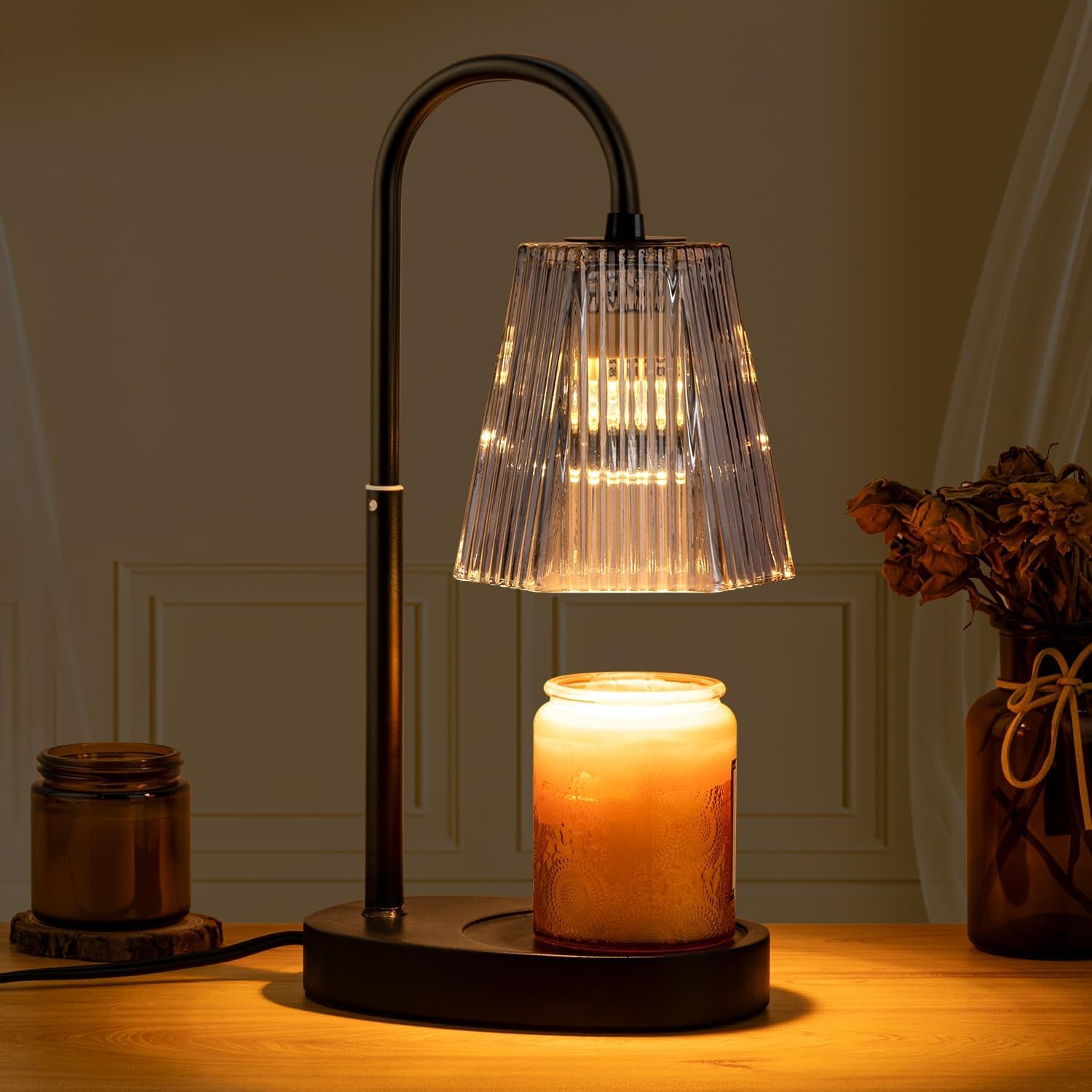 Candle Warmer Lamp - Dimmable Wax Melt Warmer with Amber Lampshade and 2 Bulbs for House Warming, Bedroom Decor