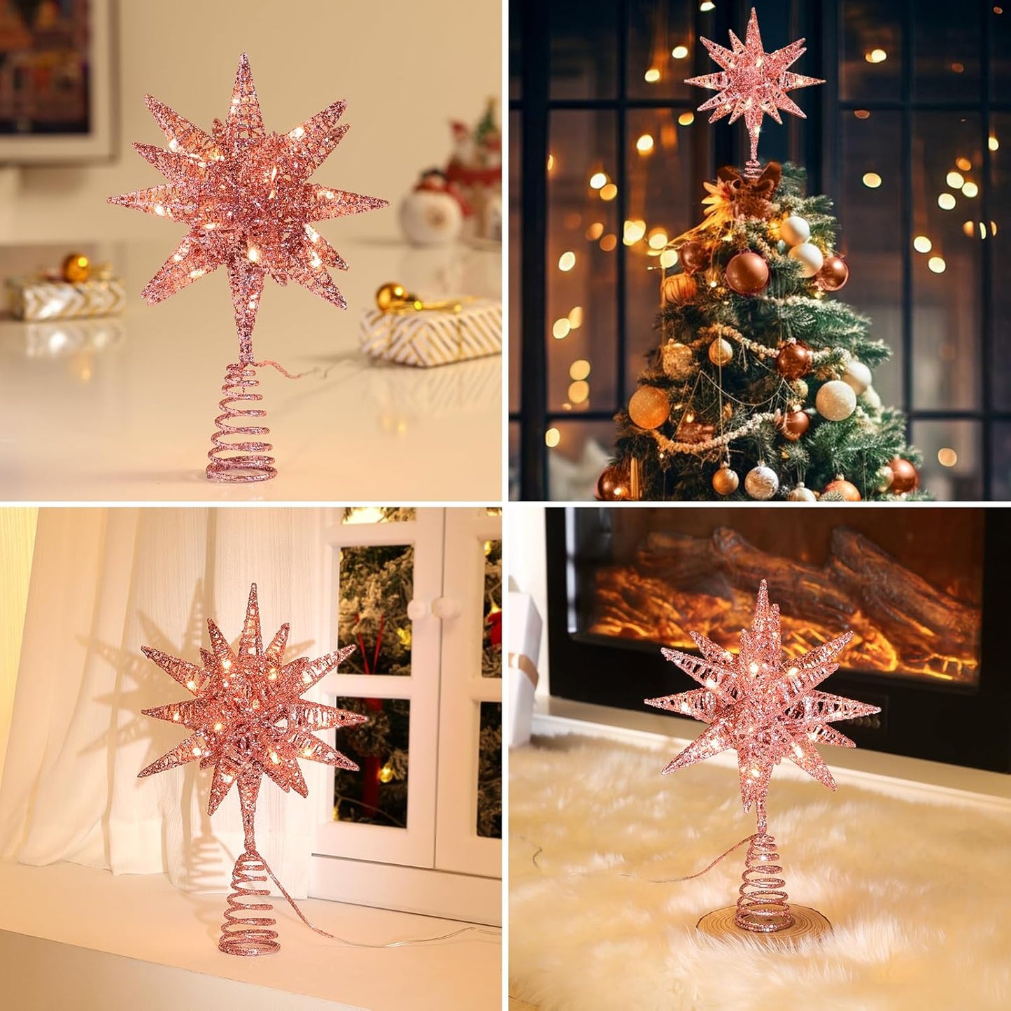 Christmas Star Tree Topper, 3D Star Plugged Decorative Treetop with LED Light Beads for Home Holiday Xmas Decor 6-Hour Timer Function 5M Cable, Pink