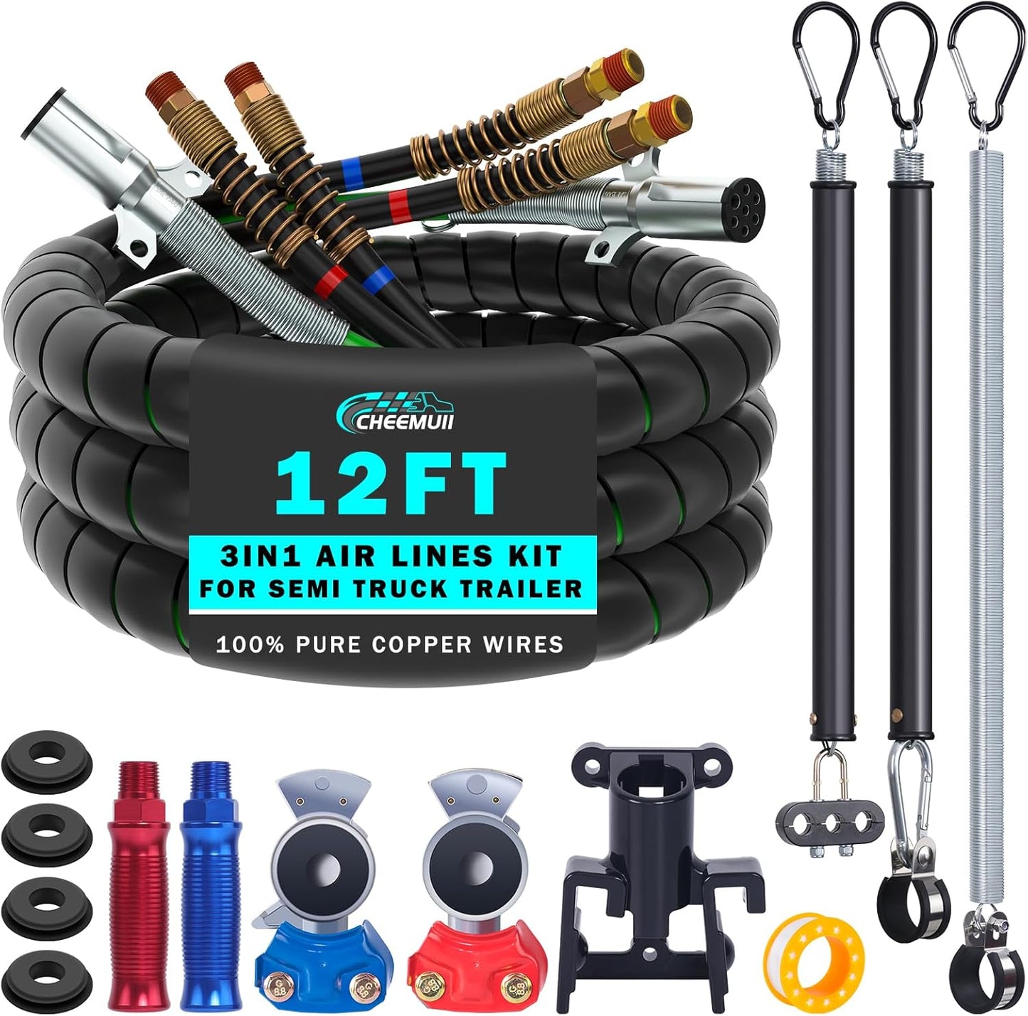 15FT Semi Truck Air Line Kit with Gladhand Holder and Springs Kit Red & Blue Air Brake Hoses and 7 Way Trailer Cord 3-In-1 Air Lines Set for Semi Truck Trailer Tractor