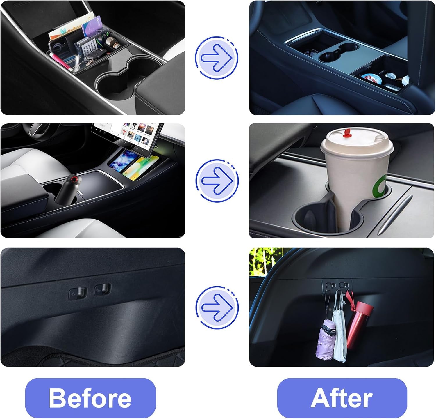 5Pcs Tesla Model Y Accessories 2024 - Center Console Organizer Tray, Silicon Cup Holder Insert, Rear Trunk Hook, Camera Cover, for Tesla Model 3 2021-2023, Tesla Model Y 2019-2023