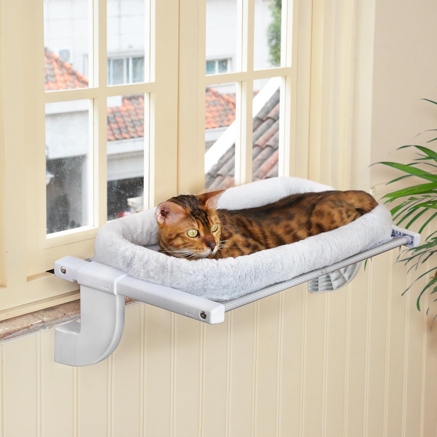 Window Sill Mount Cat Perch for Indoor Cats, One-Step Sliding Clamping Slot Adjustment Cat Hammock with Removable Two Fabrics Cover, No Suction Cups Cat Beds for Windowsill & Bedside(L-Pad Bed)