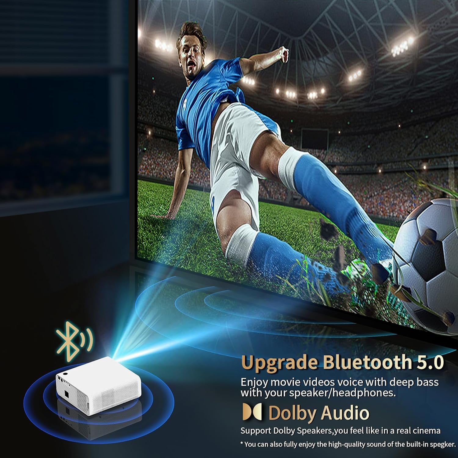 Smart 4K Outdoor Projector with WIFI and Bluetooth,1600Ansi,Auto Focus & Keystone,Doiby Audio,Ppt,Home Theater Movie Projector 4K Hdr10,50%Zoom,500''Display,Arc Compatible W/ TV Stick,Ios,Android,Pc