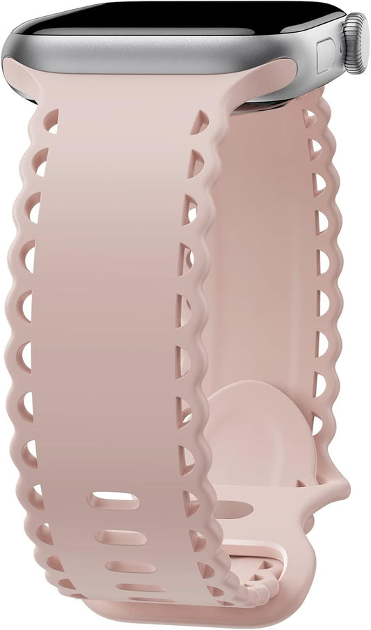 Compatible with Apple Watch Band 41Mm 40Mm 38Mm 49Mm 45Mm 44Mm 42Mm Women Girl, Pink Sand Lace Hollow-Out Soft Silicone Sport Bands for Iwatch Ultra SE Series 10 9 8 7 6 5 4 3 2, Pinksand-38