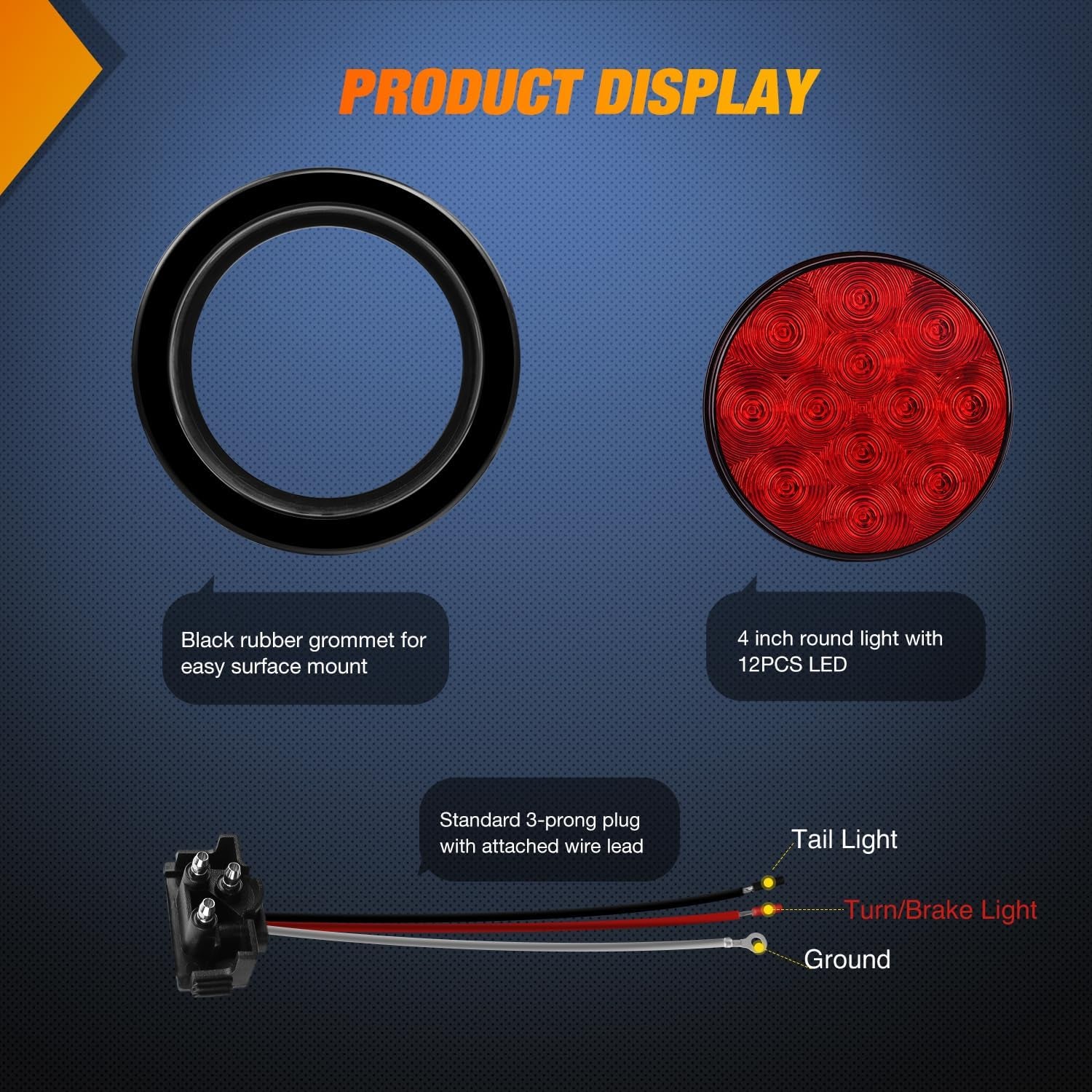 - TL-18 2PCS 4" round Red LED Trailer Tail Lights W/Surface Mount Grommet Plugs IP67 Stop Brake Turn Tail Lights for Truck Trailer RV Jeep