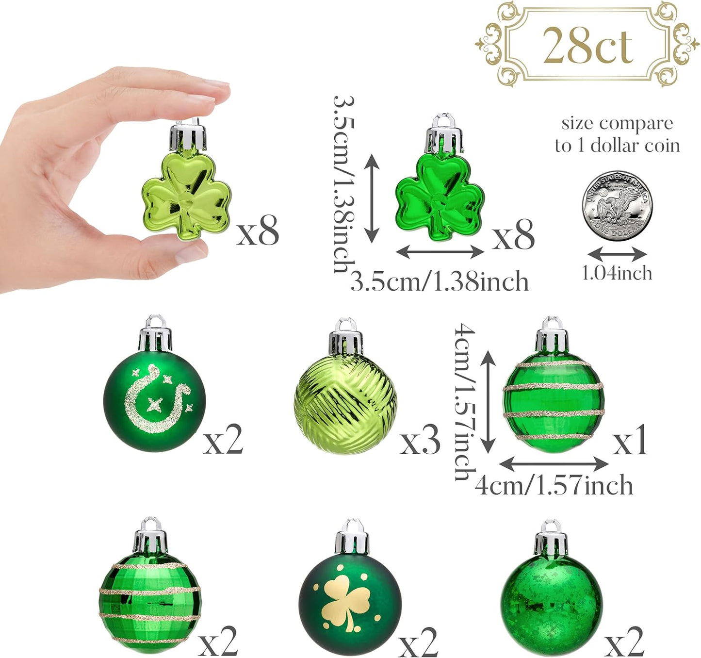 St Patricks Day Decorations Shamrock Tree Ornament Set, 28Ct 1.57Inch Hanging Ball Ornament Irish Festival Decor, Good Luck Clover Green Gold St. Patrick'S Ball for Party Home Spring