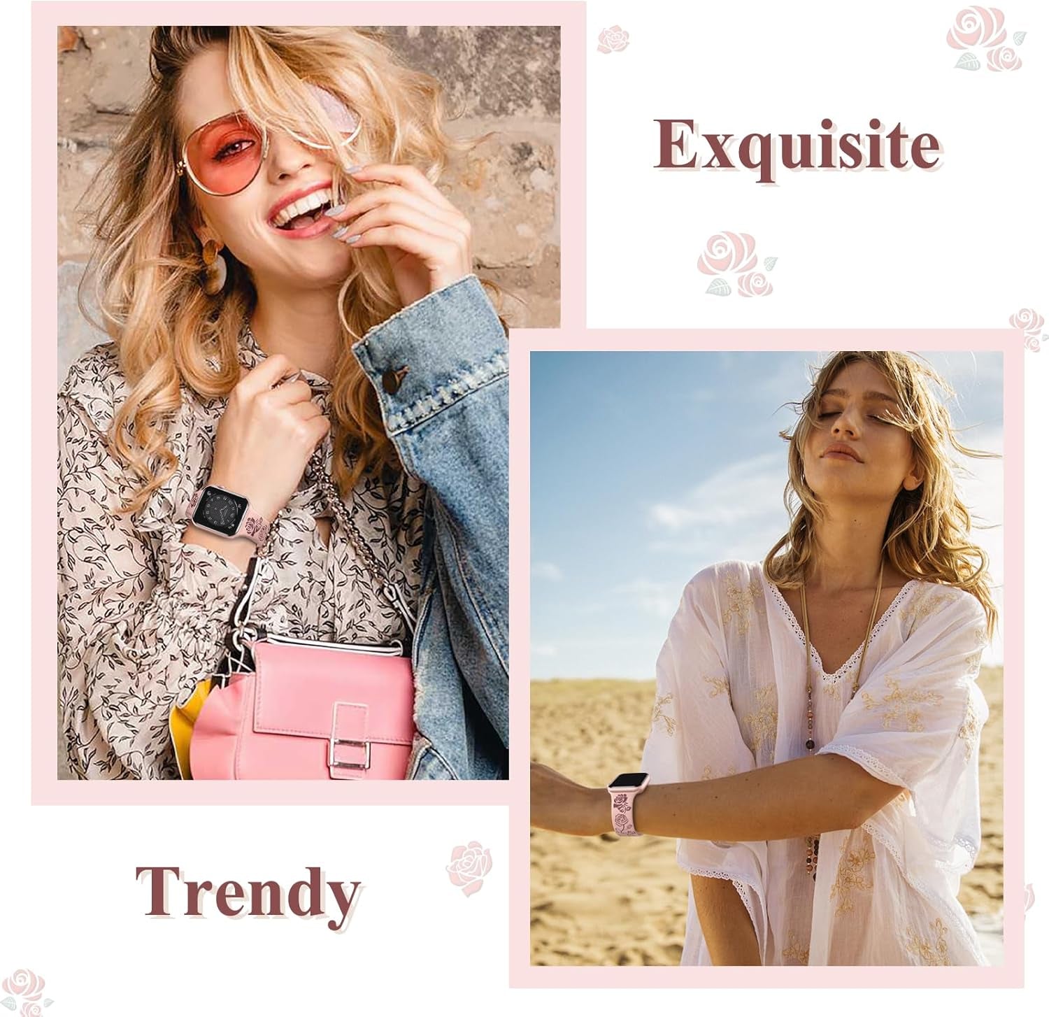 Floral Engraved Band Compatible with Apple Watch Bands 40Mm 41Mm 38Mm 44Mm 45Mm 42Mm 49Mm Women, Cute Two Tone Flower Soft Silicone Sport Strap for Iwatch Series 9 8 7 6 5 4 3 2 1 SE Ultra 2