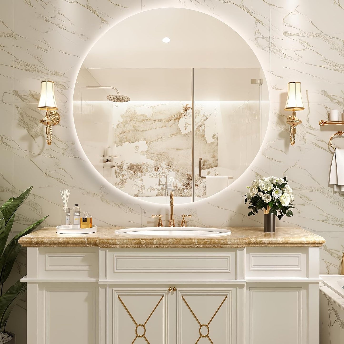 Round LED Bathroom Mirror, 28" Frameless Backlit Wall-Mounted Vanity Mirror with Lights, Anti-Fog Smart Mirror, IP65 Waterproof, Stepless Dimmable 3 Colors, Shatter-Proof, CRI95+